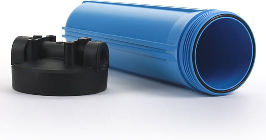 HF45-20BLBK10 Big Blue 20-inch Filter Housing with pressure relief, durable polypropylene, high-flow cap, shown without filter cartridge and mounting brackets.